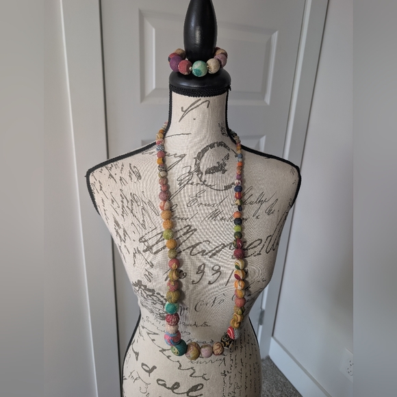 Jewelry - Bohemian Multicolor Fabric Beaded Necklace and Bracelet Set